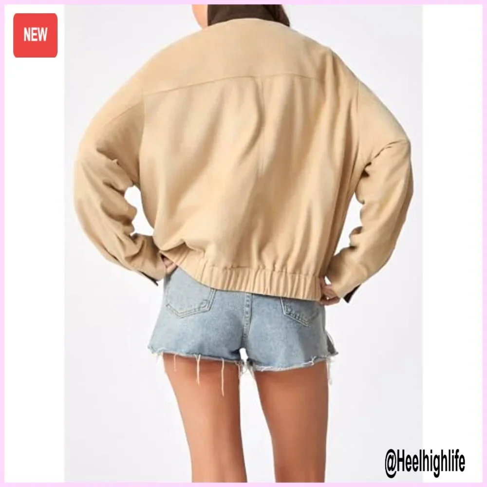 Oversized Faux Suede Bomber Jacket with Corduroy Collar, Utility Pockets - Picture 6 of 7